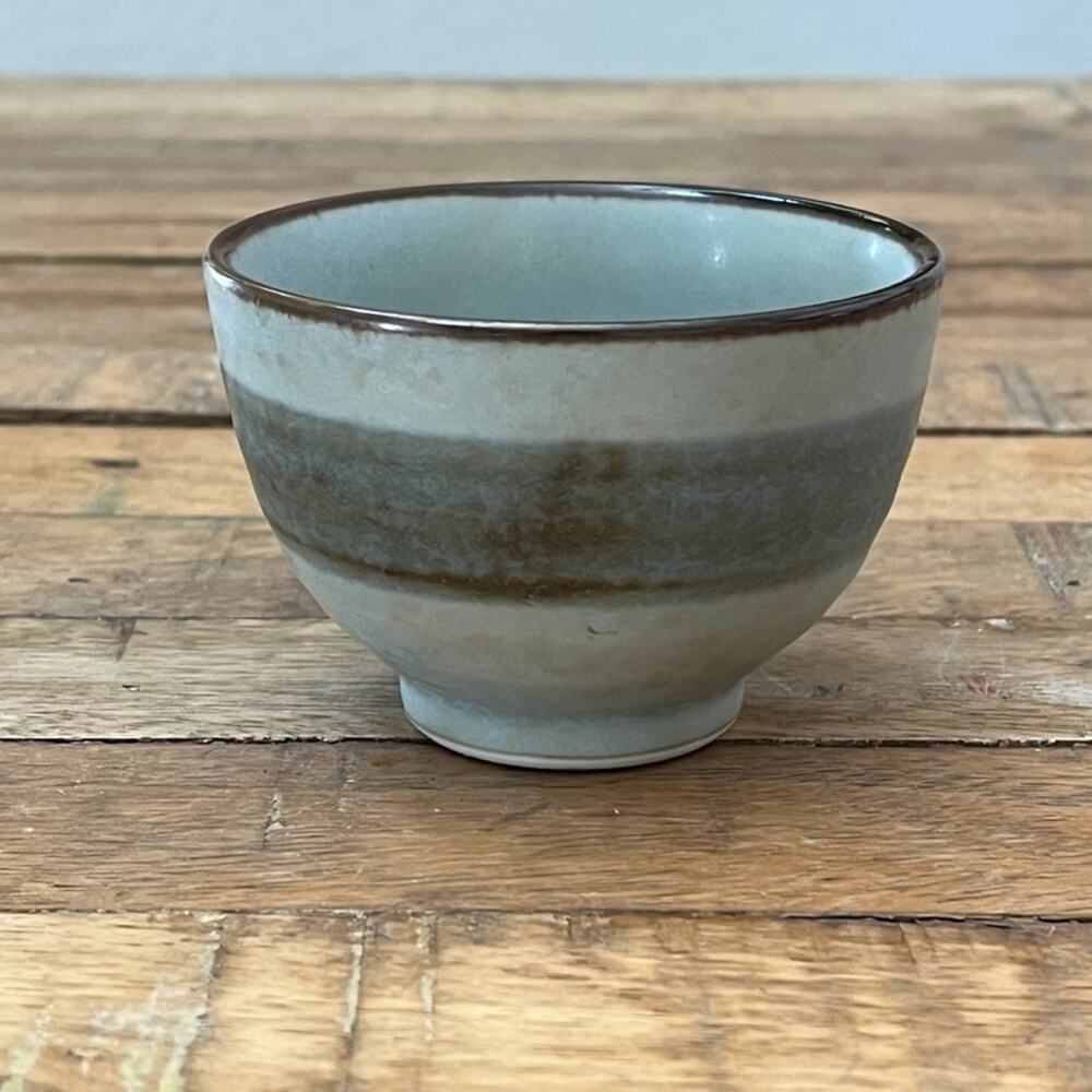 Japanese Small Ceramic Bowl 3.25 in Light Blue & Brown Glaze Brown Stripe